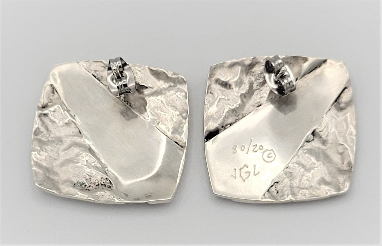 JGL Jewelry Vintage Sterling Silver Abstract Modernist JGL Signed Pierced Square Earrings