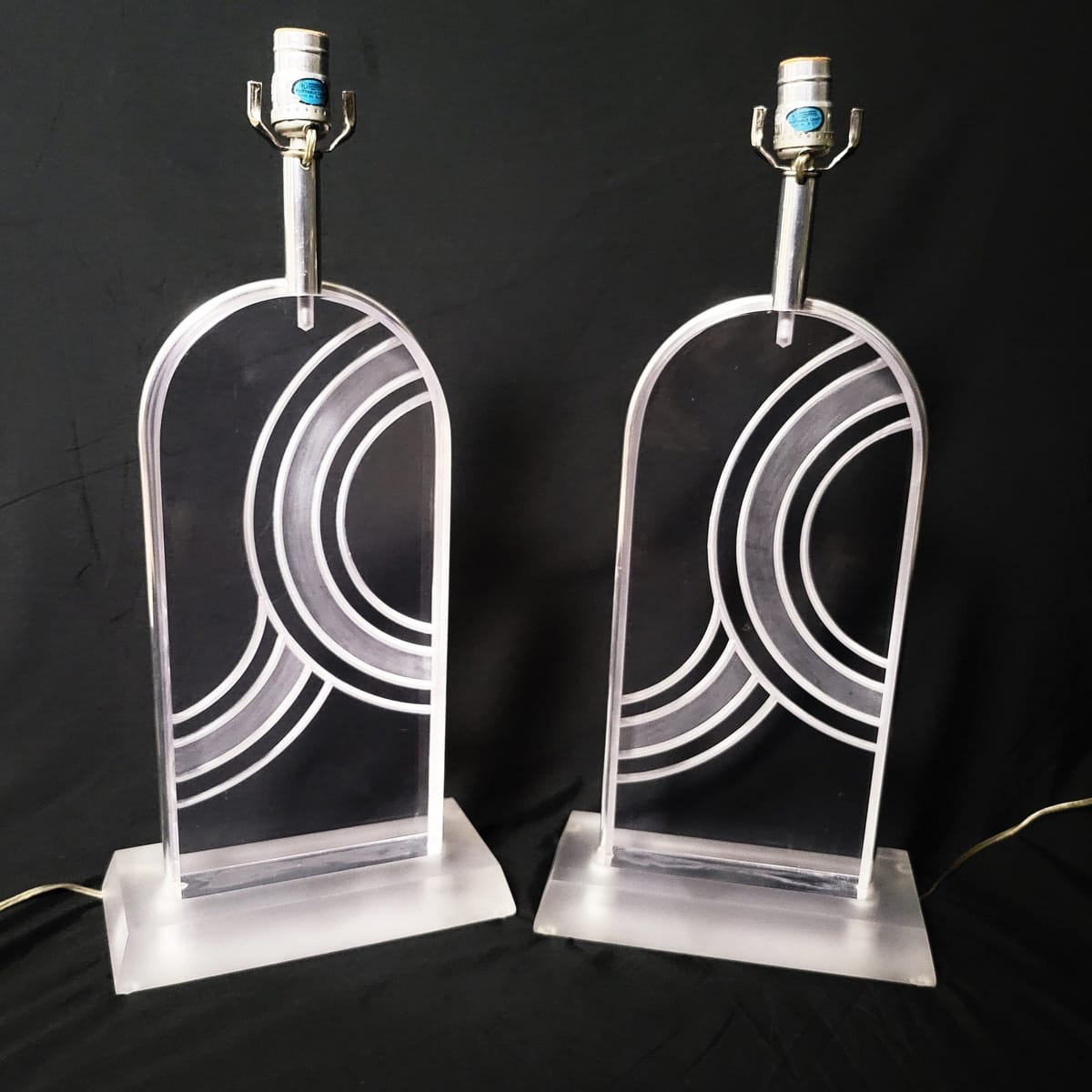 Karl Springer Lighting MCM Karl Springer Heavy Solid Lucite Carved Abstract Design Table Lamp Set