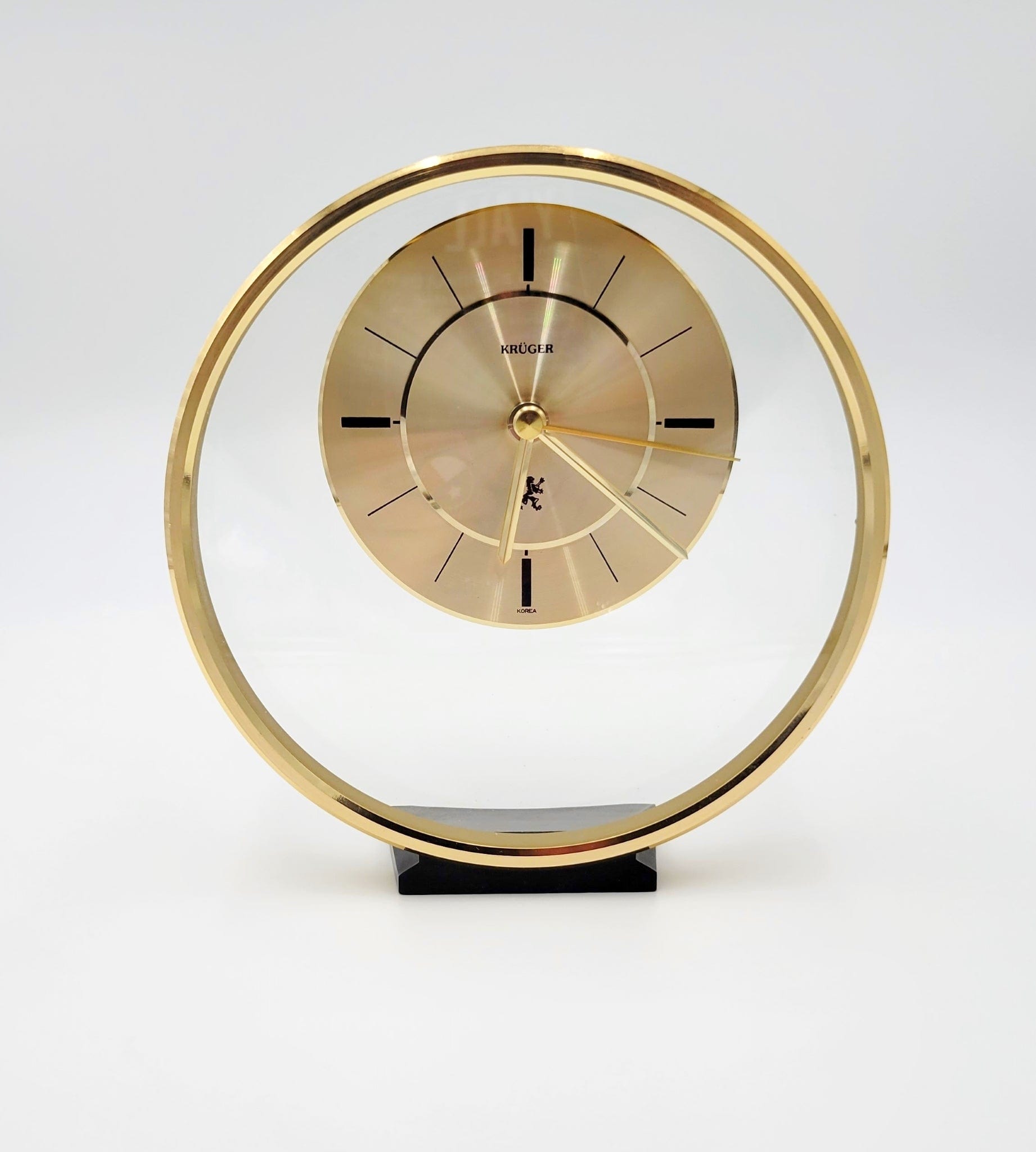 Kruger Clock RARE Krüger Modernist Brass Lucite Floating Shelf Mantel Desk Clock Circa 1985