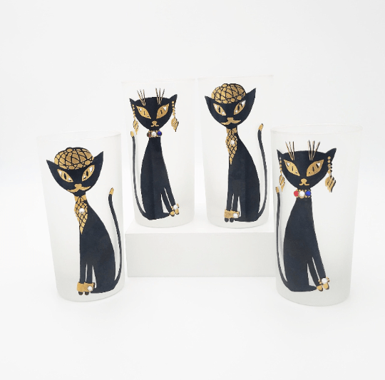 Libbey Barware Rare Libbey Gold & Jeweled Maida Amour Parisian Cats Glassware Set 1950s