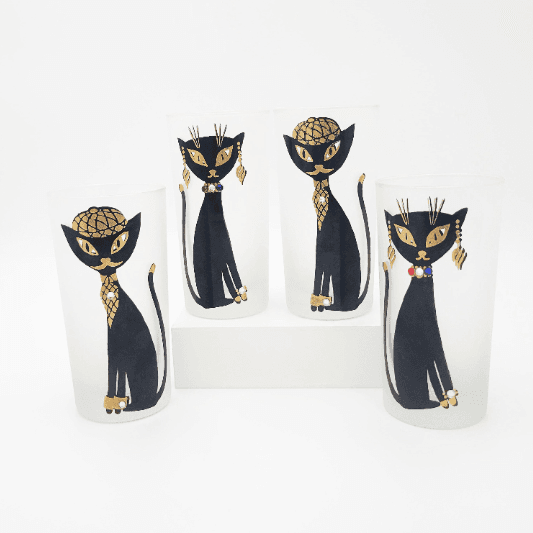Libbey Barware Rare Libbey Gold &amp; Jeweled Maida Amour Parisian Cats Glassware Set 1950s