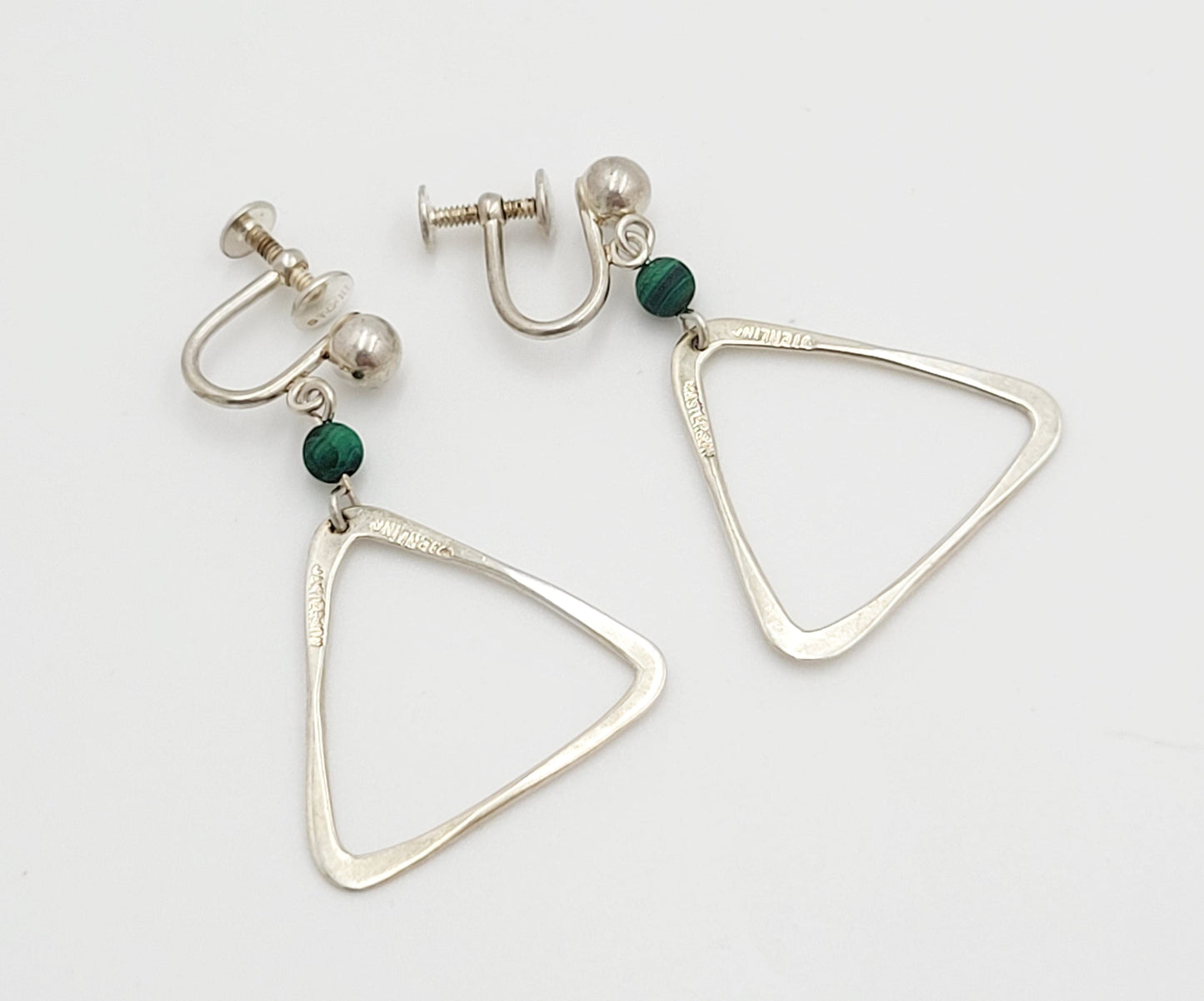 Masterson Jewelry Vintage Screwback Masterson Sterling and Green Malachite Triangle Drop Earrings