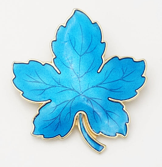 Meka Jewelry Denmark Meka Reklamegaver Sterling Silver Blue Enamel Maple Leaf Brooch 1950s