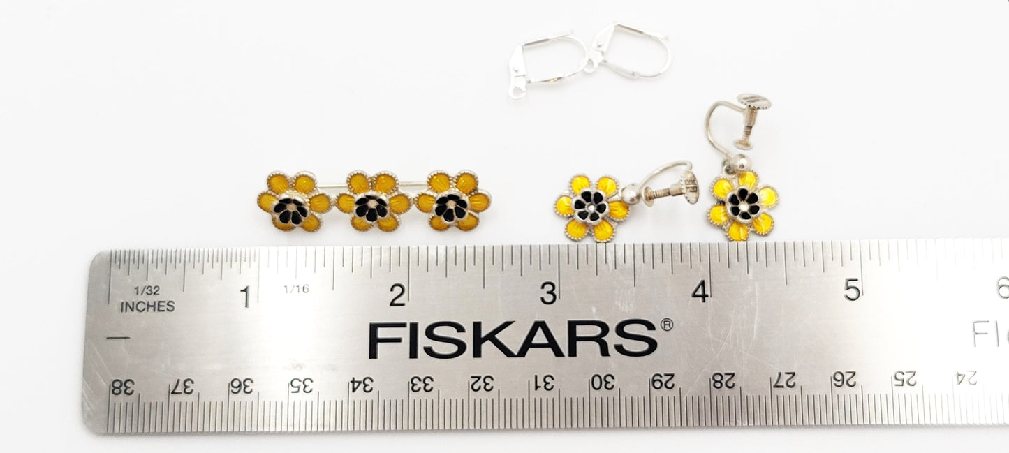 Meka Jewelry Meka Denmark Sterling Enamel BlackEyed Susan Flower Earrings Brooch Set 1950s