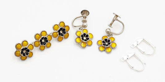 Meka Jewelry Meka Denmark Sterling Enamel BlackEyed Susan Flower Earrings Brooch Set 1950s