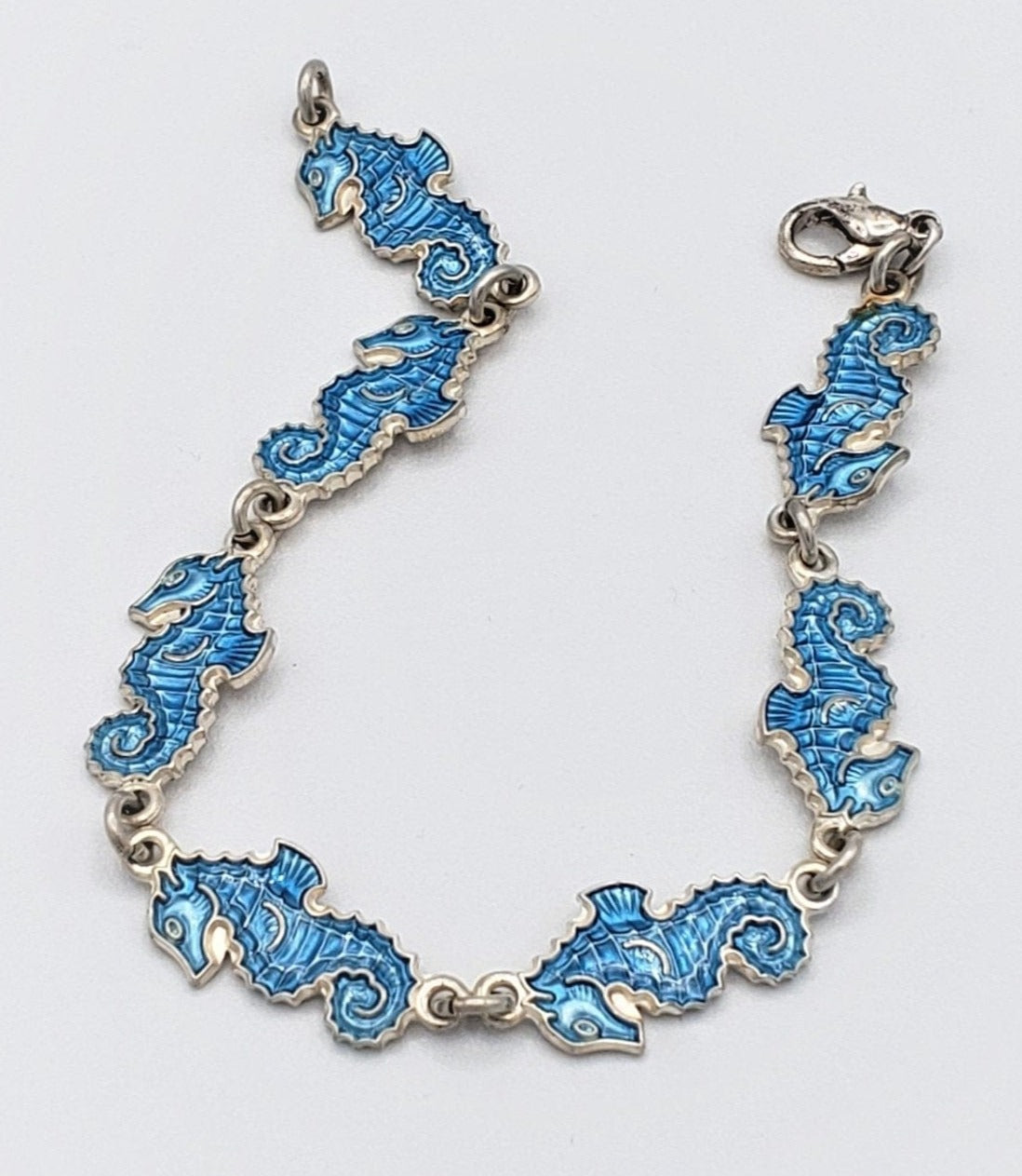 Meka Jewelry Rare Sterling Sky Blue Guilloche Enamel Meka Denmark Seahorses Bracelet 1950s