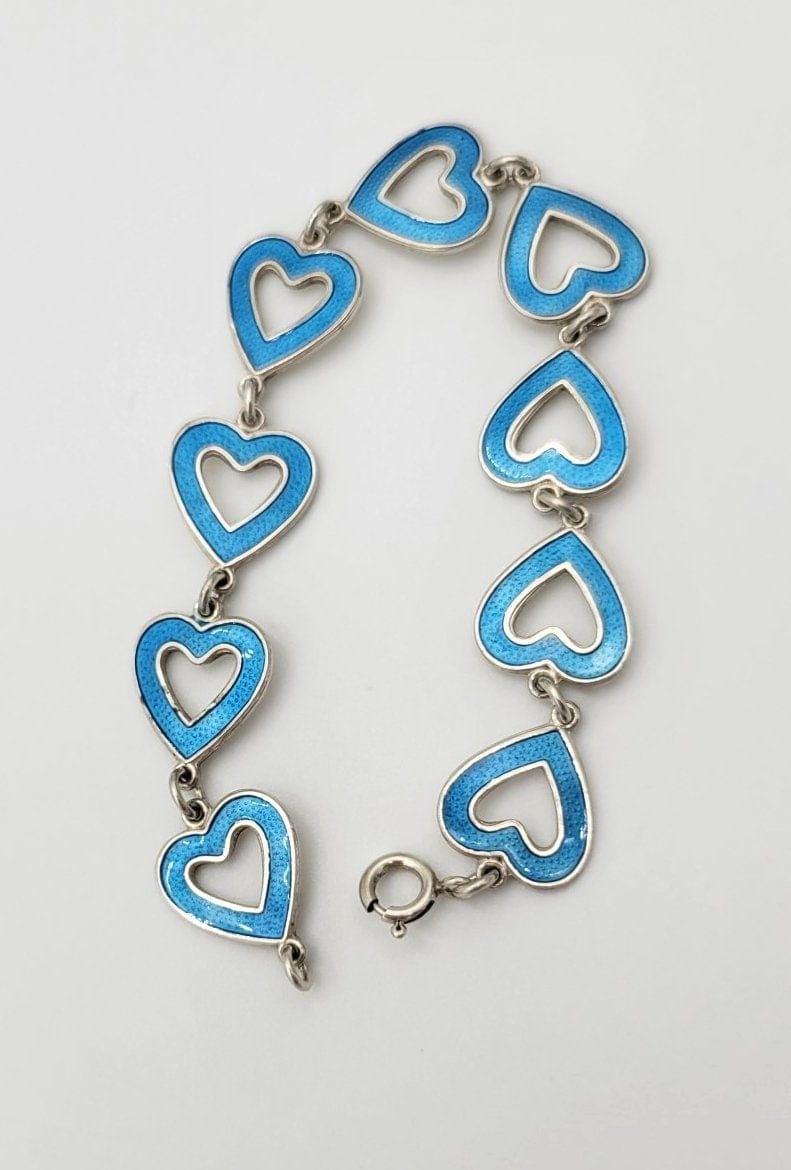 Meka Jewelry Vintage 925 Sterling Blue Guilloche Enamel Heart Links Bracelet by MEKA Denmark