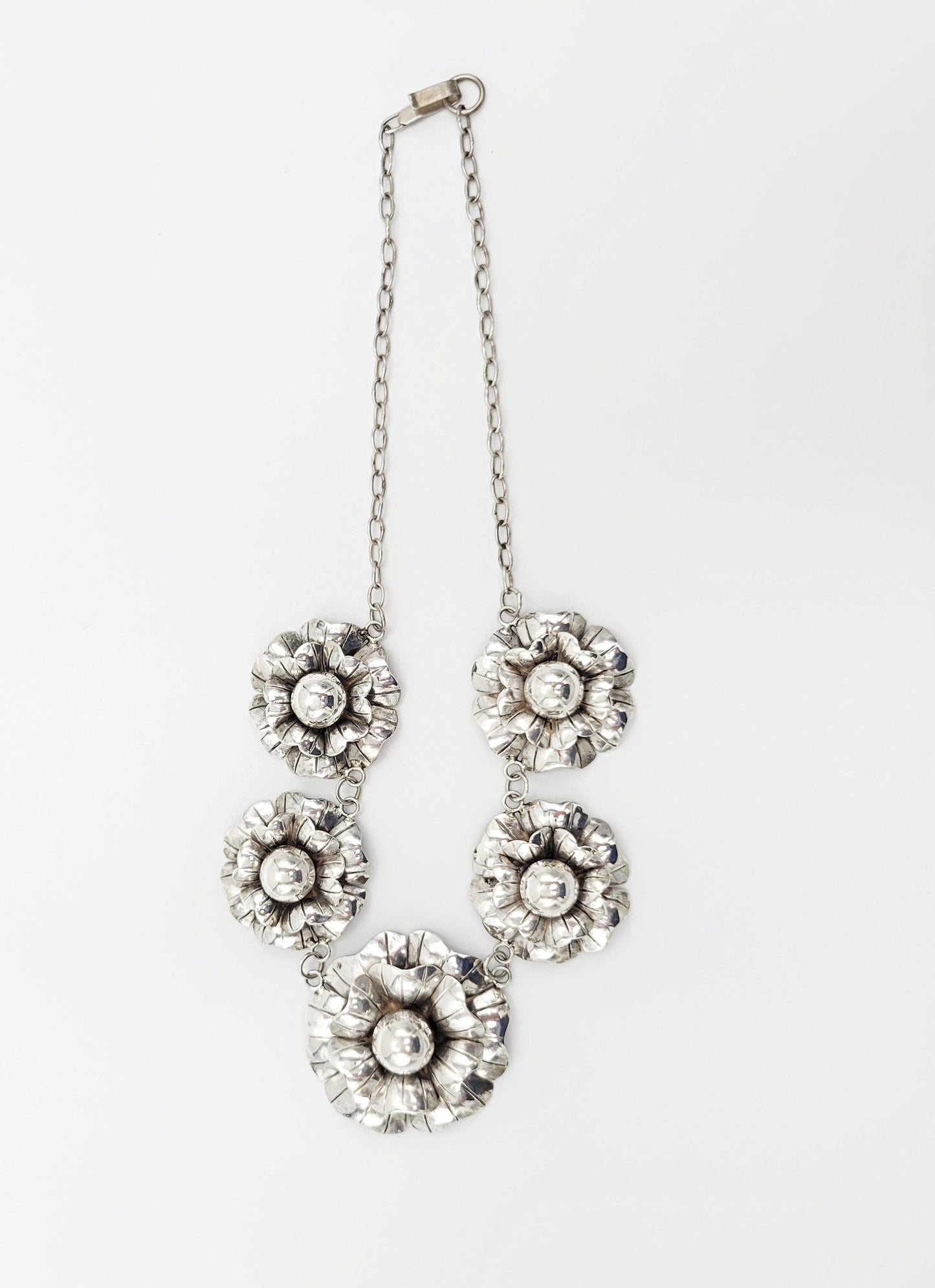 Mexico Silver Jewelry Designer Mexico Sterling 3D Blooming Flowers Necklace Early 20th Century