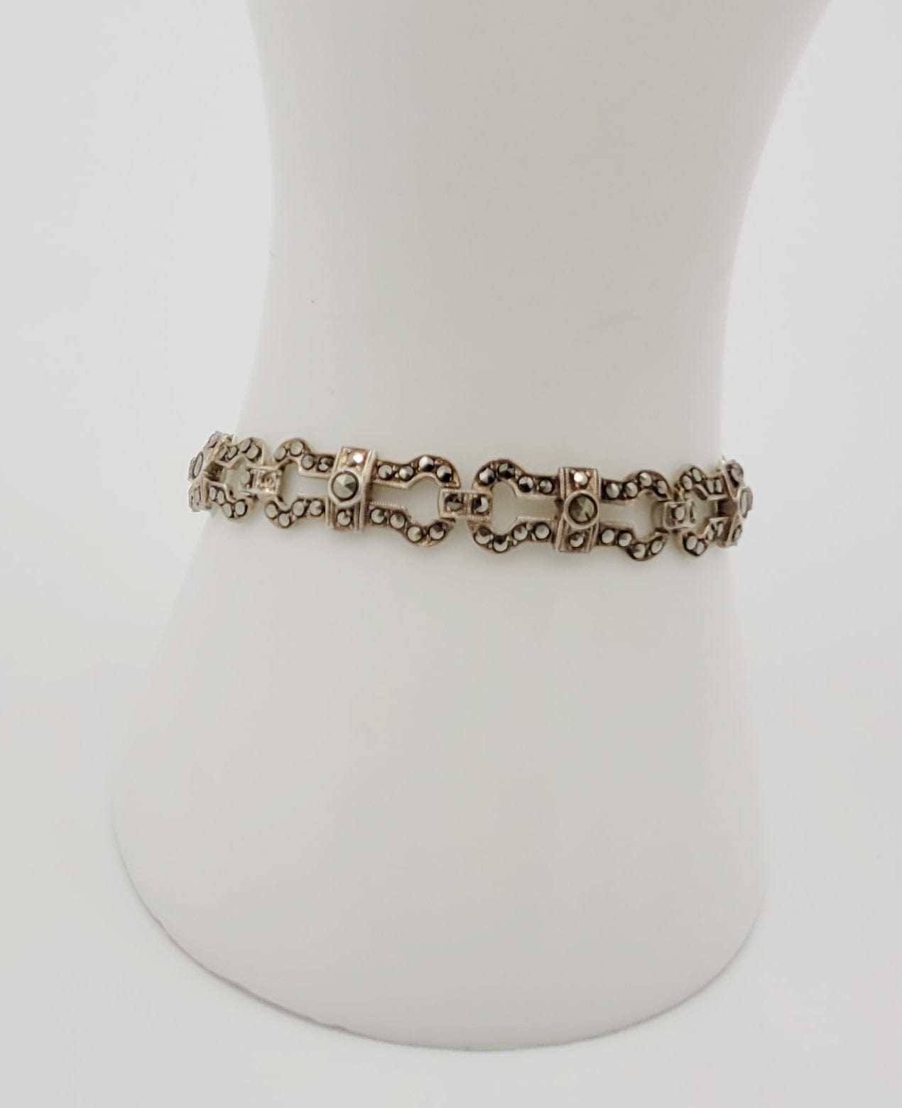 MP Netherlands Jewelry Dutch Designer Sterling & Chocolate Marcasite Art Deco Panel Links Bracelet 1959