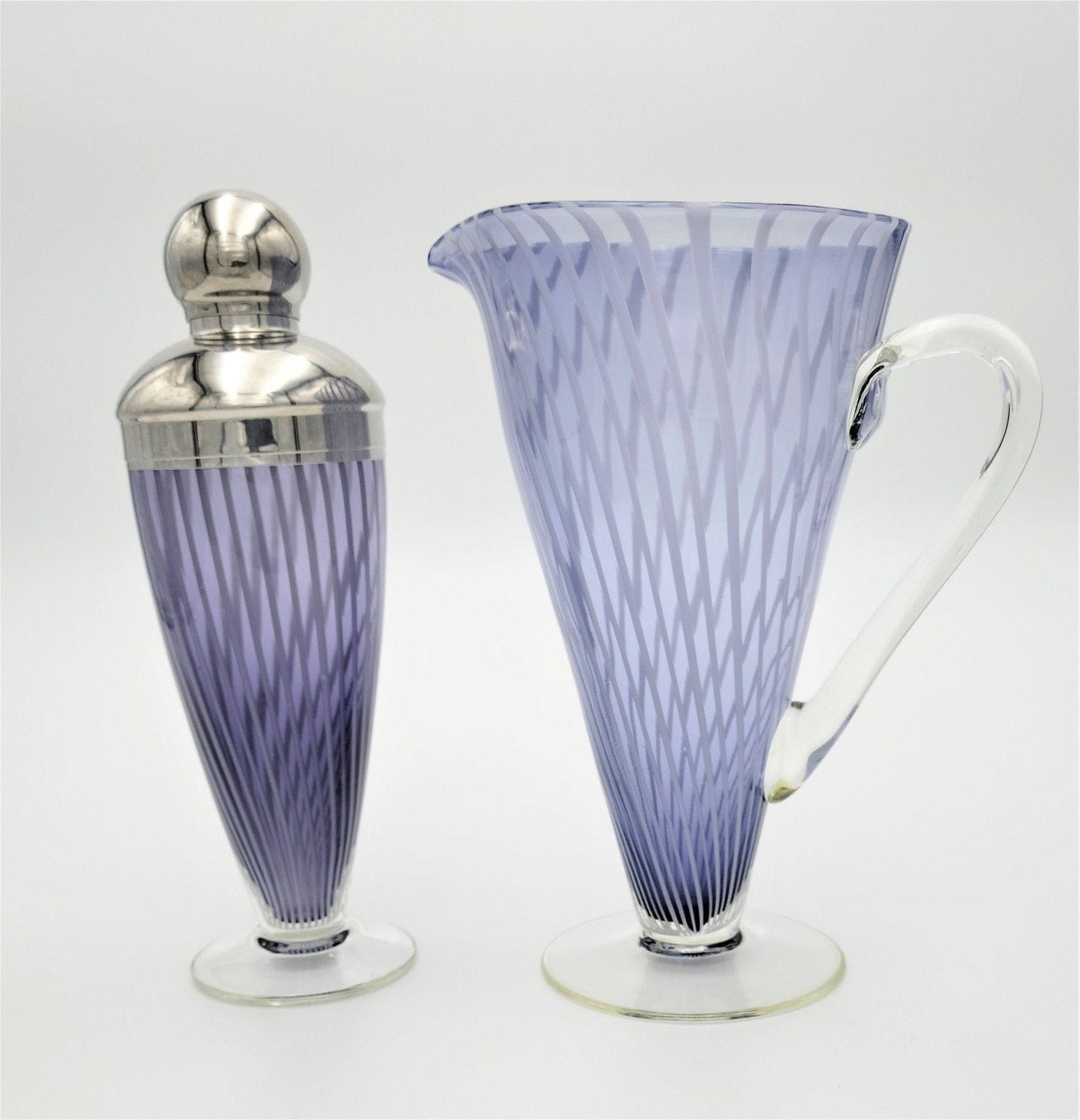 Murano Italy Barware Vintage Designer Italian Striped Murano Glass Cocktail Shaker and Pitcher Set