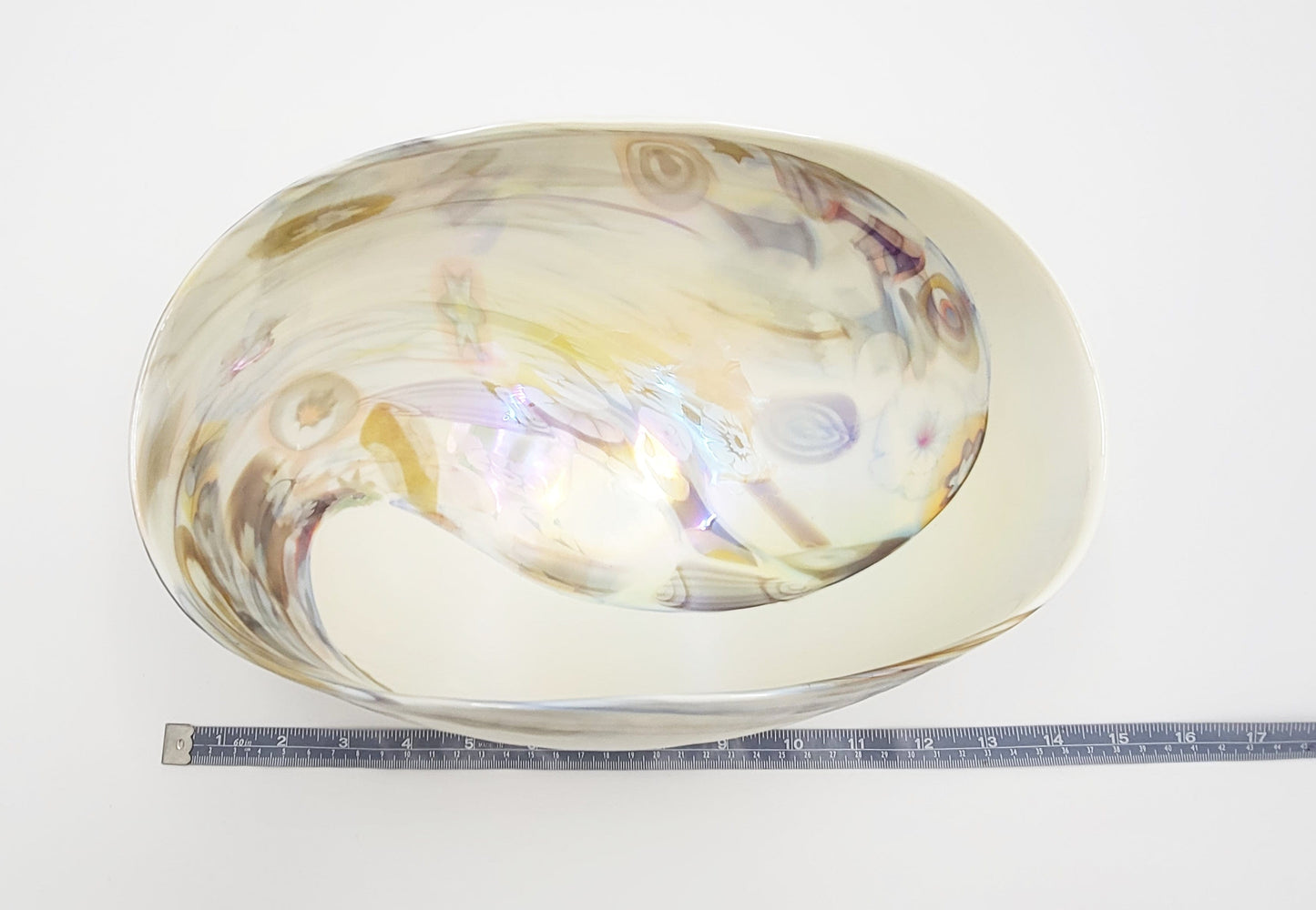 Murano Italy Centerpiece Decorative Bowl Italian Murano Glass Millefiori Cream Colored Curled Edge Décor Bowl C. 1990s