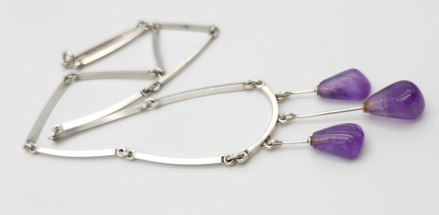Niels Erik From Jewelry Rare Danish NE From Sterling & Amethyst Bar Links Modernist Necklace 1960s