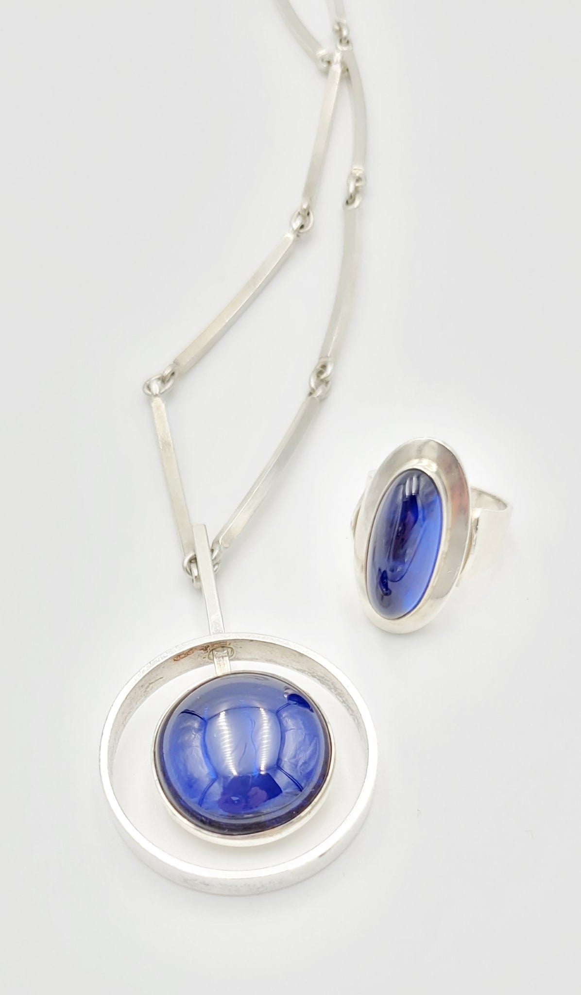 Niels Erik From Jewelry Superb Danish NE From Sterling Blue Cab Modernist Necklace Ring Set 60's Rare!