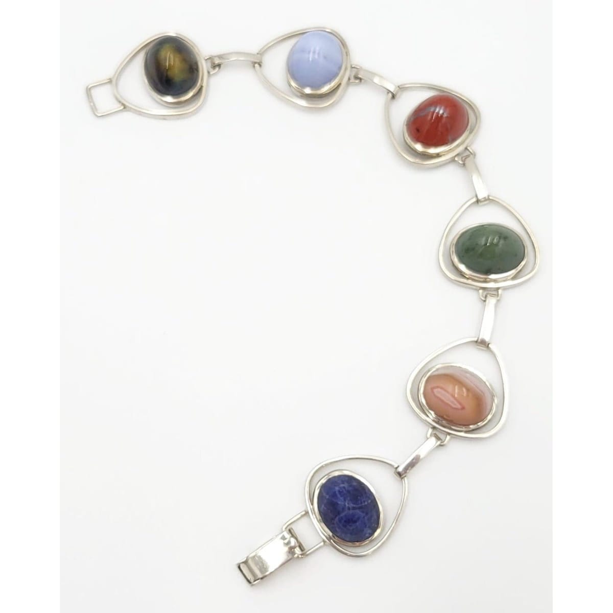 NWL Sterling Jewelry MCM Retro Atomic Sterling &amp; Multi Stone 3-D Links Bracelet ﻿Circa 1950s Signed