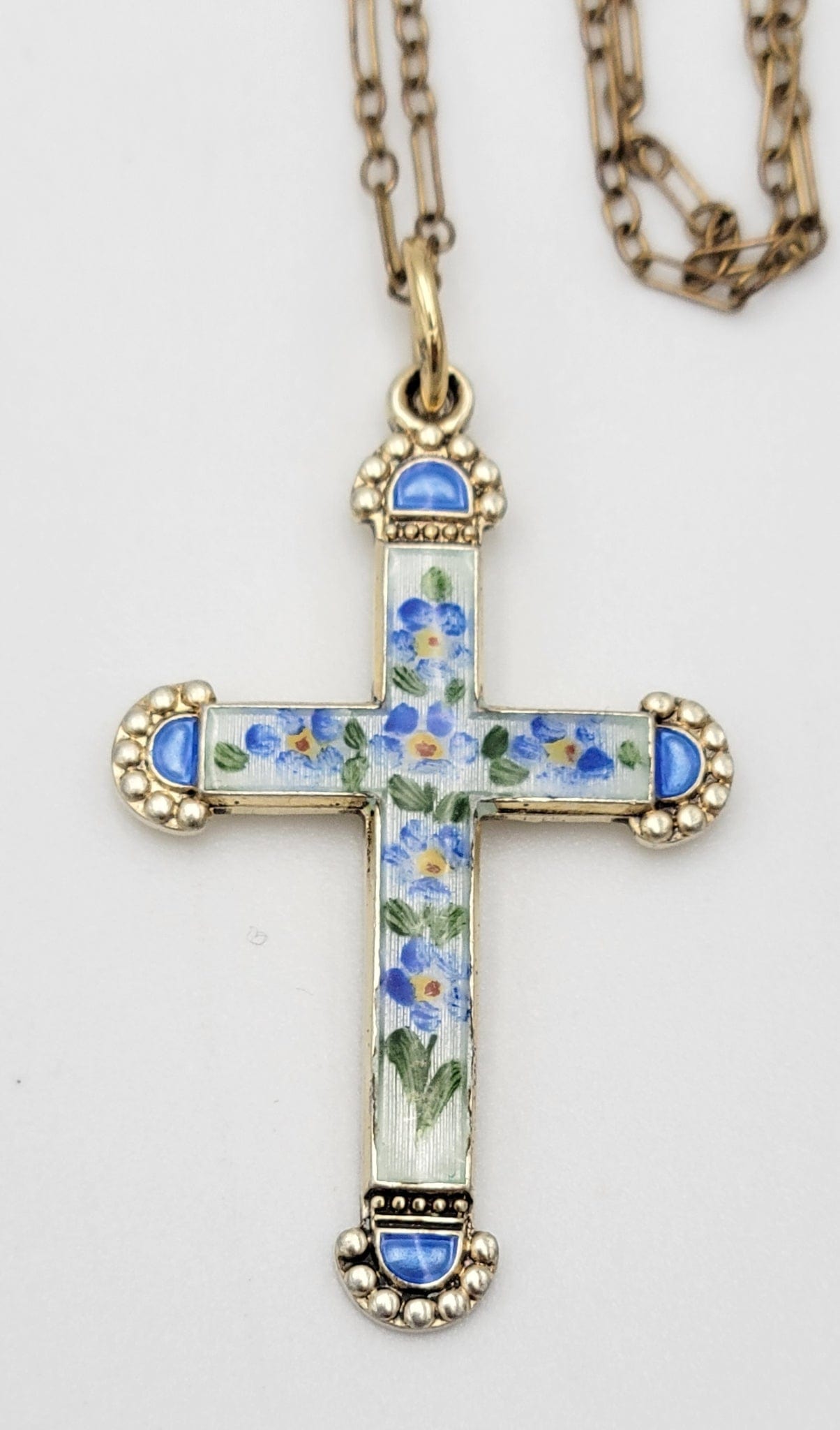 OPRO Jewelry OPRO Norway Sterling & Guilloche Enameled Floral Cross Necklace Circa 1940s