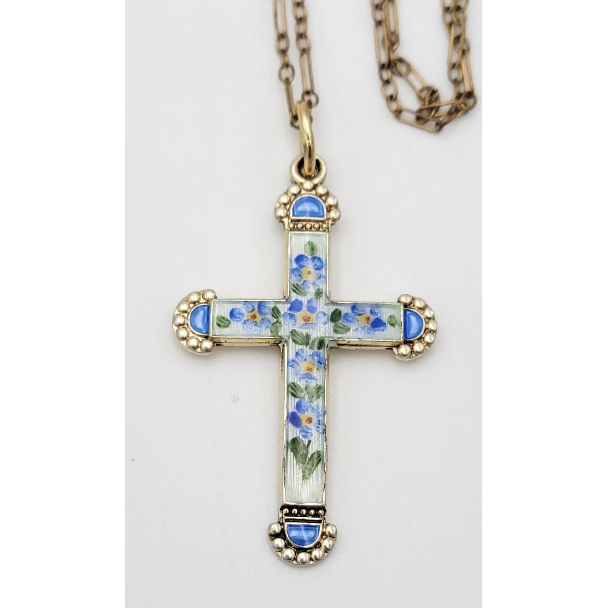 OPRO Jewelry OPRO Norway Sterling &amp; Guilloche Enameled Floral Cross Necklace Circa 1940s