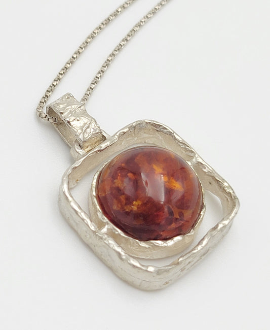 OTC Jewelry Brutalist Sterling & Amber Modernist Pendant Necklace 1960's