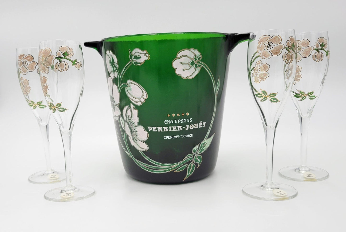 Perrier Jouet France Barware Perrier Jouet France Glass Hand-Painted Champagne Chiller Flute Set 1960s IOB