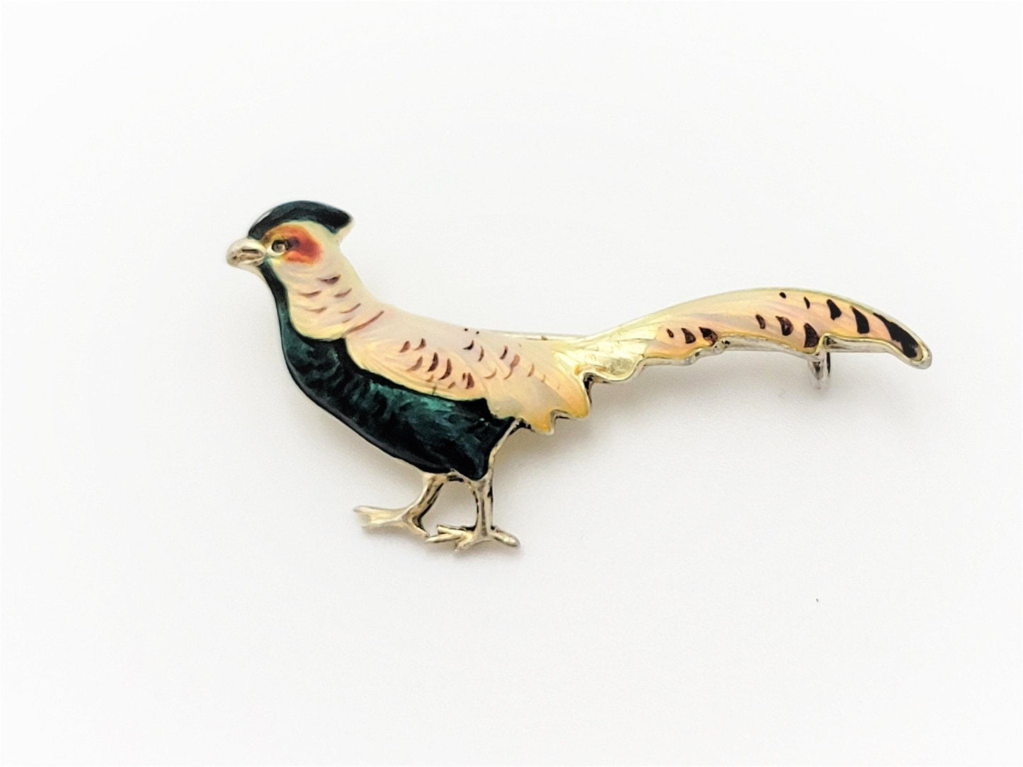 Pheasant Jewelry Vintage Gilt 925SS & Multi-Colored Guilloche Enamel 3-D Pheasant Brooch SIGNED
