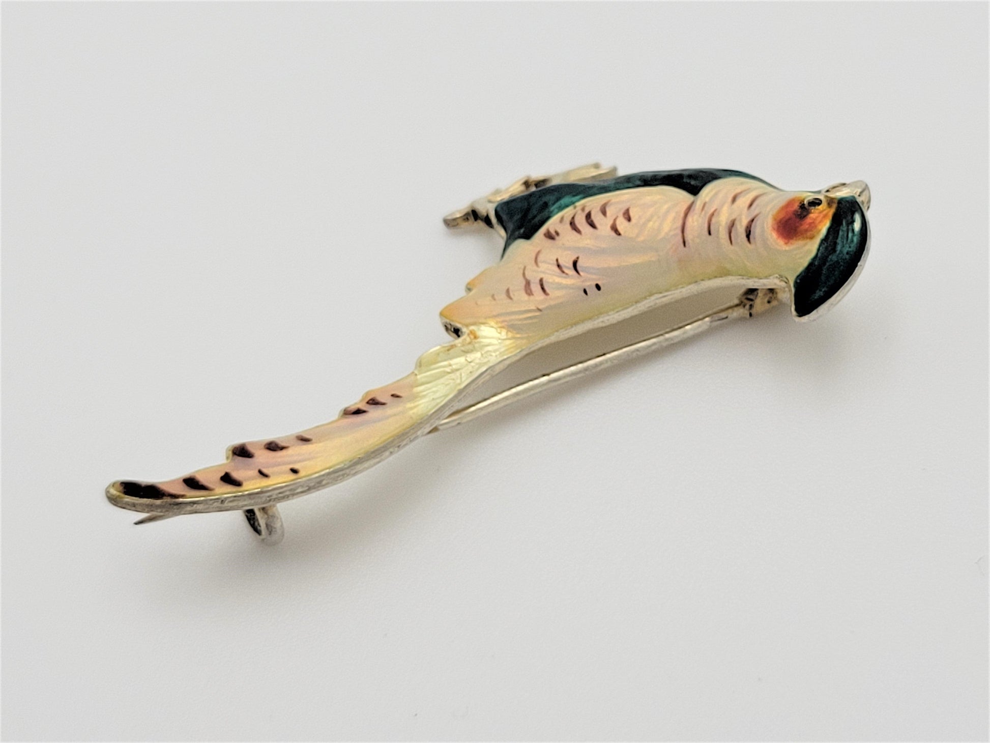 Pheasant Jewelry Vintage Sterling & Multi-Colored Guilloche Enamel 3-D Pheasant Brooch SIGNED