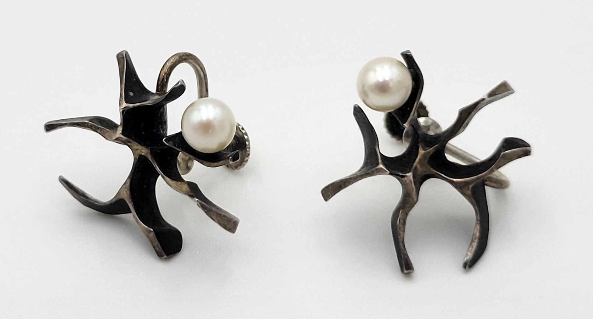 Ronald Hayes Pearson Jewelry Designer Ronald Hayes Pearson Sterling Pearl Abstract Modernist Earrings 1960s