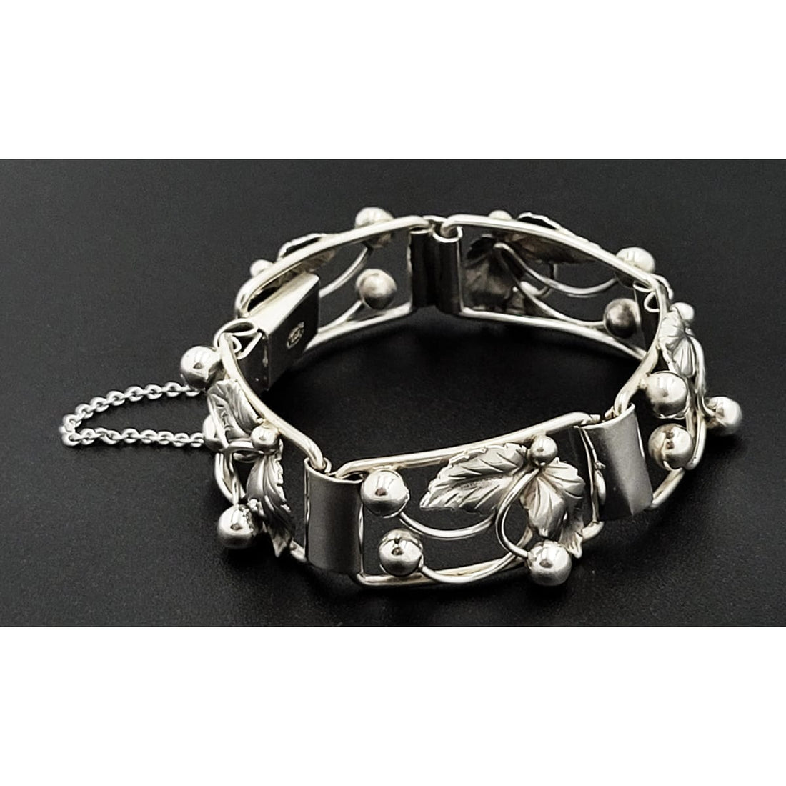 S. Christian Fogh Jewelry Denmark SC Fogh Art Deco 3D Leaves Berries Sterling Panel Bracelet 1950s