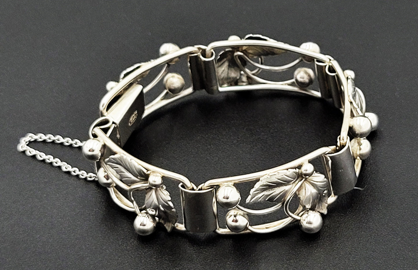 S. Christian Fogh Jewelry Denmark SC Fogh Art Deco 3D Leaves Berries Sterling Panel Bracelet 1950s