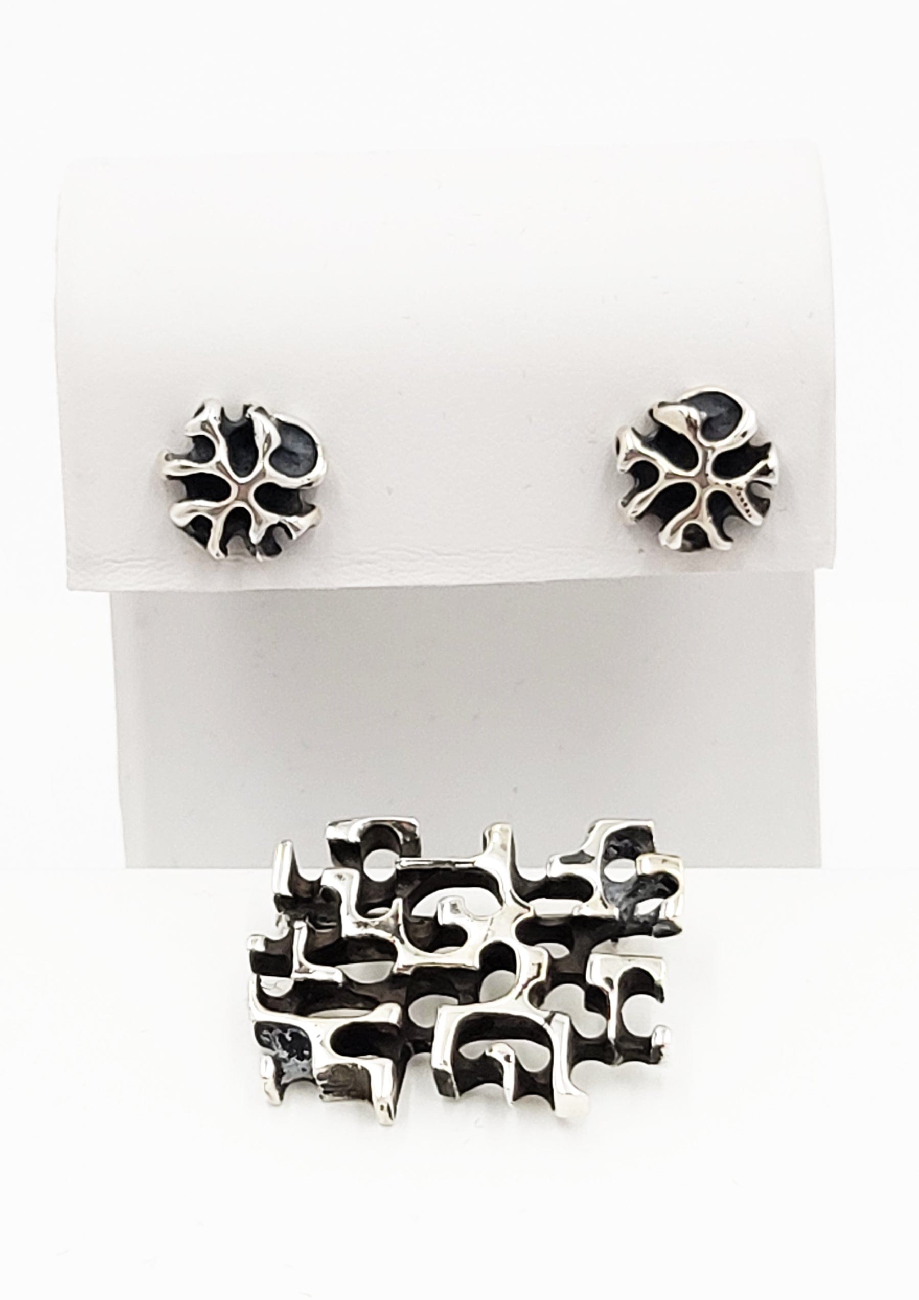 Secrest Jewelry Rare Sterling Silver Abstract Modernist Brutalist Brooch Earring Set by Secrest