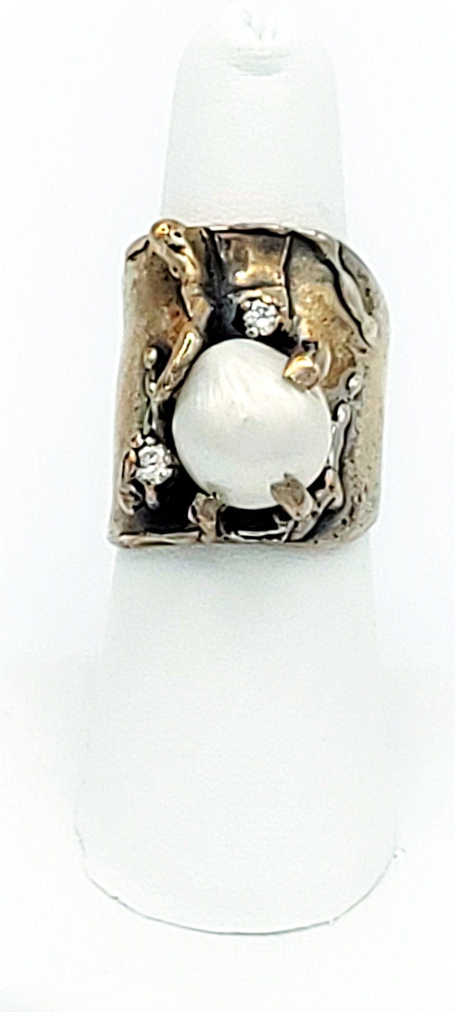 Simenda Jewelry Vintage 925SS - Baroque Pearl - White Topaz Large Artisan Brutalist Cocktail Ring