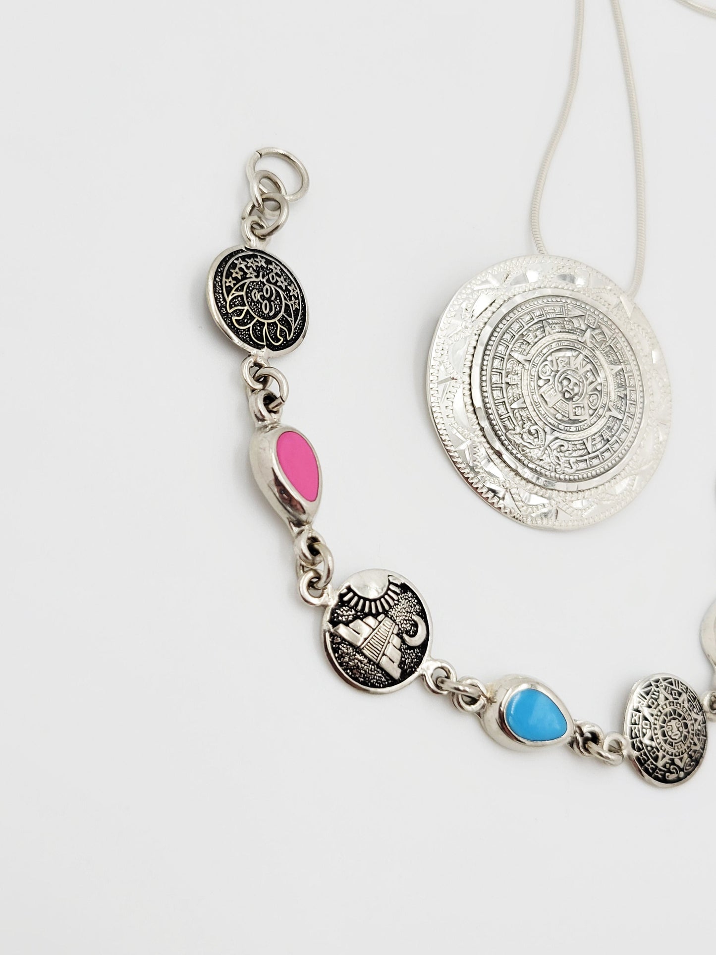 Stain Glass Bracelet Necklace Set Jewelry Vintage Taxco Multi-Stone Mayan Calendar Necklace and Bracelet Set
