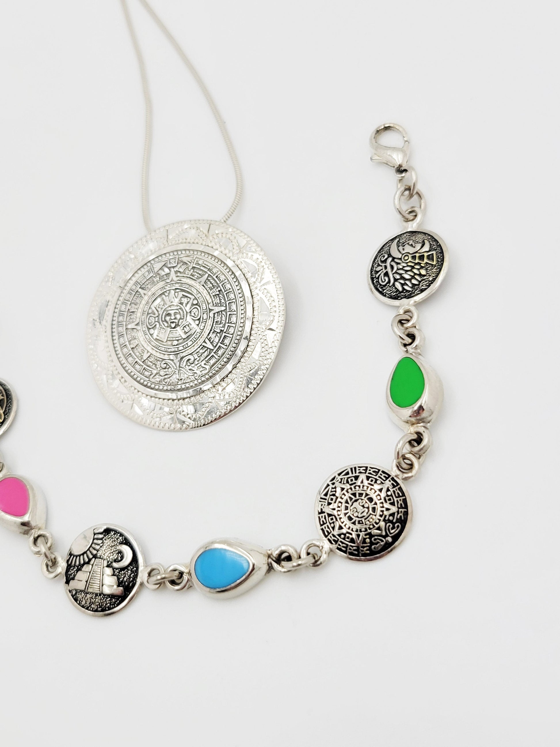 Stain Glass Bracelet Necklace Set Jewelry Vintage Taxco Multi-Stone Mayan Calendar Necklace and Bracelet Set