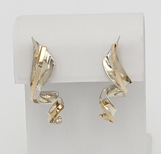 Sterling Jewelry Artisan Sterling & 14K Gold Abstract Modernist Earrings Signed