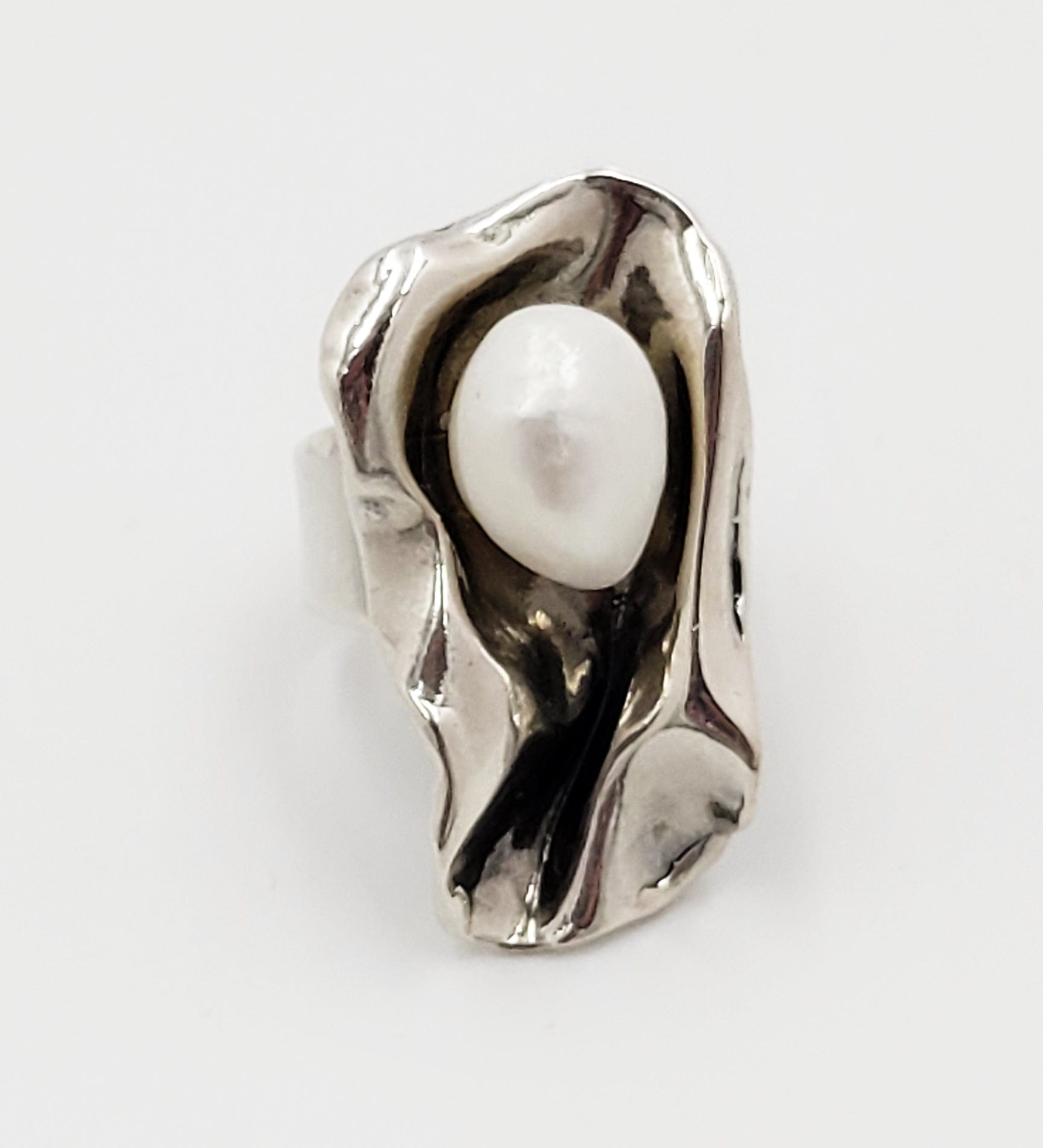 Sterling Ring Jewelry Vintage Sterling Silver & Pearl Large Bold Abstract Modernist Cocktail Ring