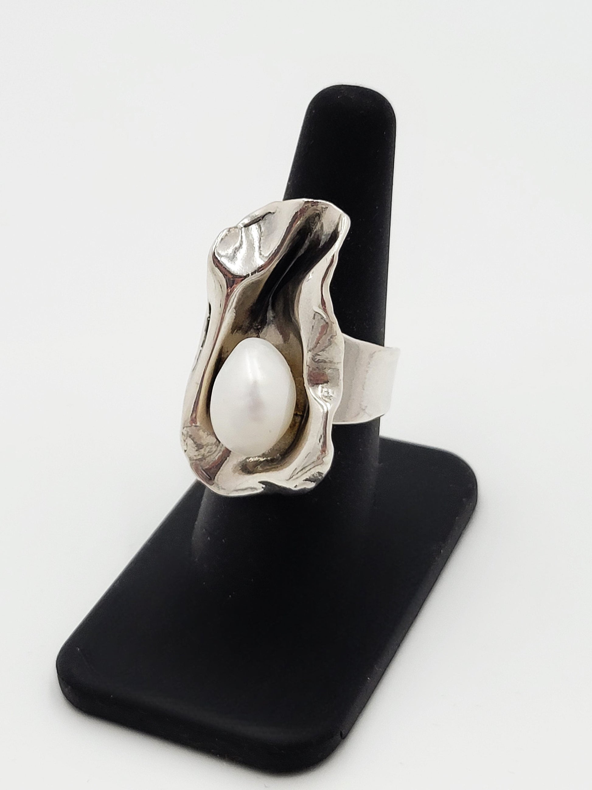 Sterling Ring Jewelry Vintage Sterling Silver & Pearl Large Bold Abstract Modernist Cocktail Ring