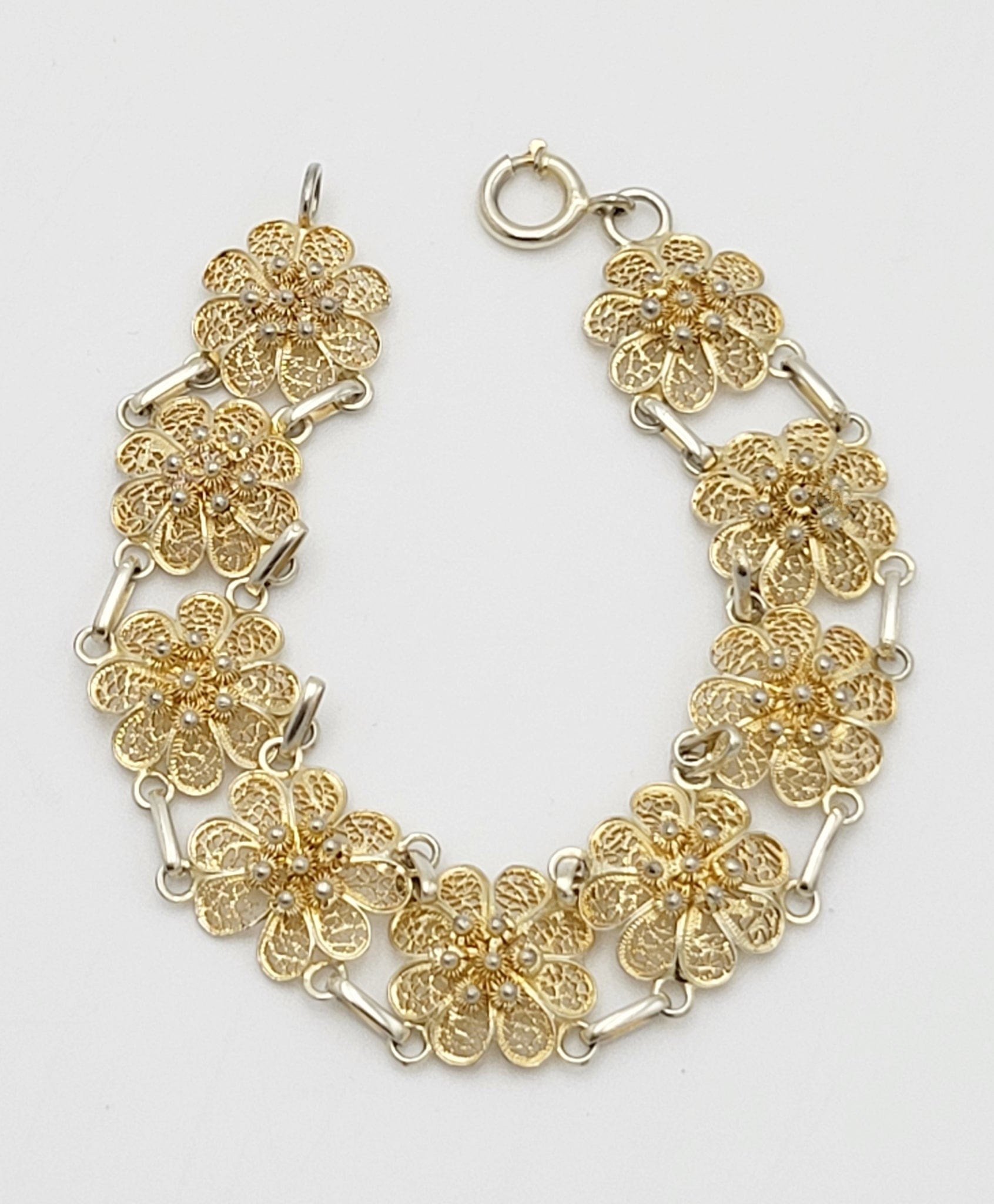 Swedish Sterling Jewelry Swedish Gold Sterling Art Deco Filigree 3D Flower Link Bracelet Circa 1940s