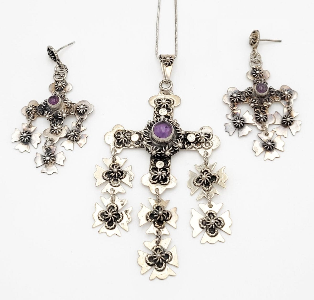 Taxco Jewelry Taxco Sterling & Amethyst Monumental Yalalag Necklace Earrings SET Circa 1980s