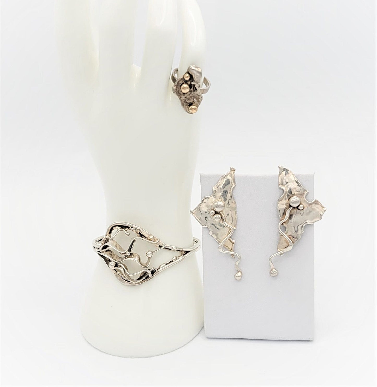TJM Sterling Jewelry USA Designers TJM Sterling 14kt Abstract Modernist Earrings Ring Bracelet SET '90s