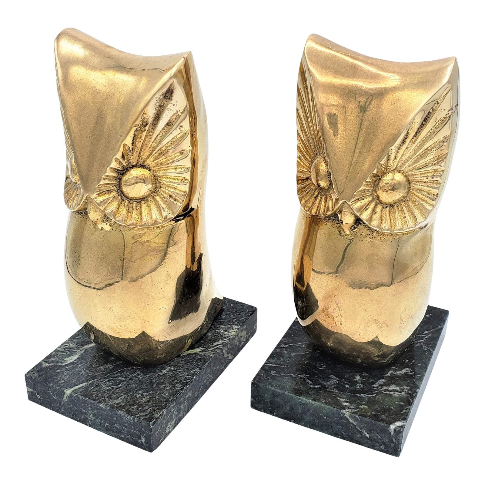 TMCMH Bookends Vintage Brass on Marble Base Owl Bookends 1960's Retro Modernist Super Stylish!