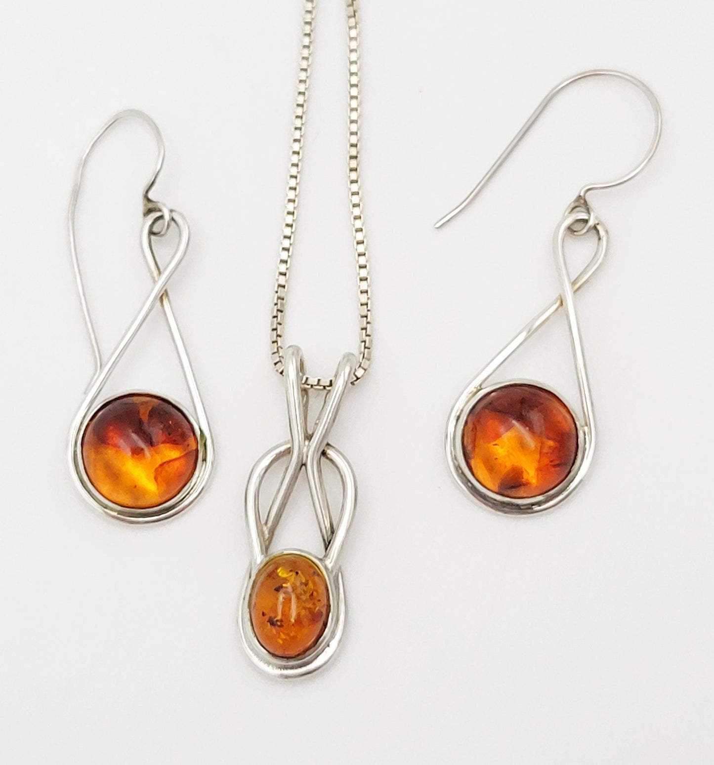 TMHM Jewelry Artisan Sterling & Amber Modernist Necklace & Earring Set Signed