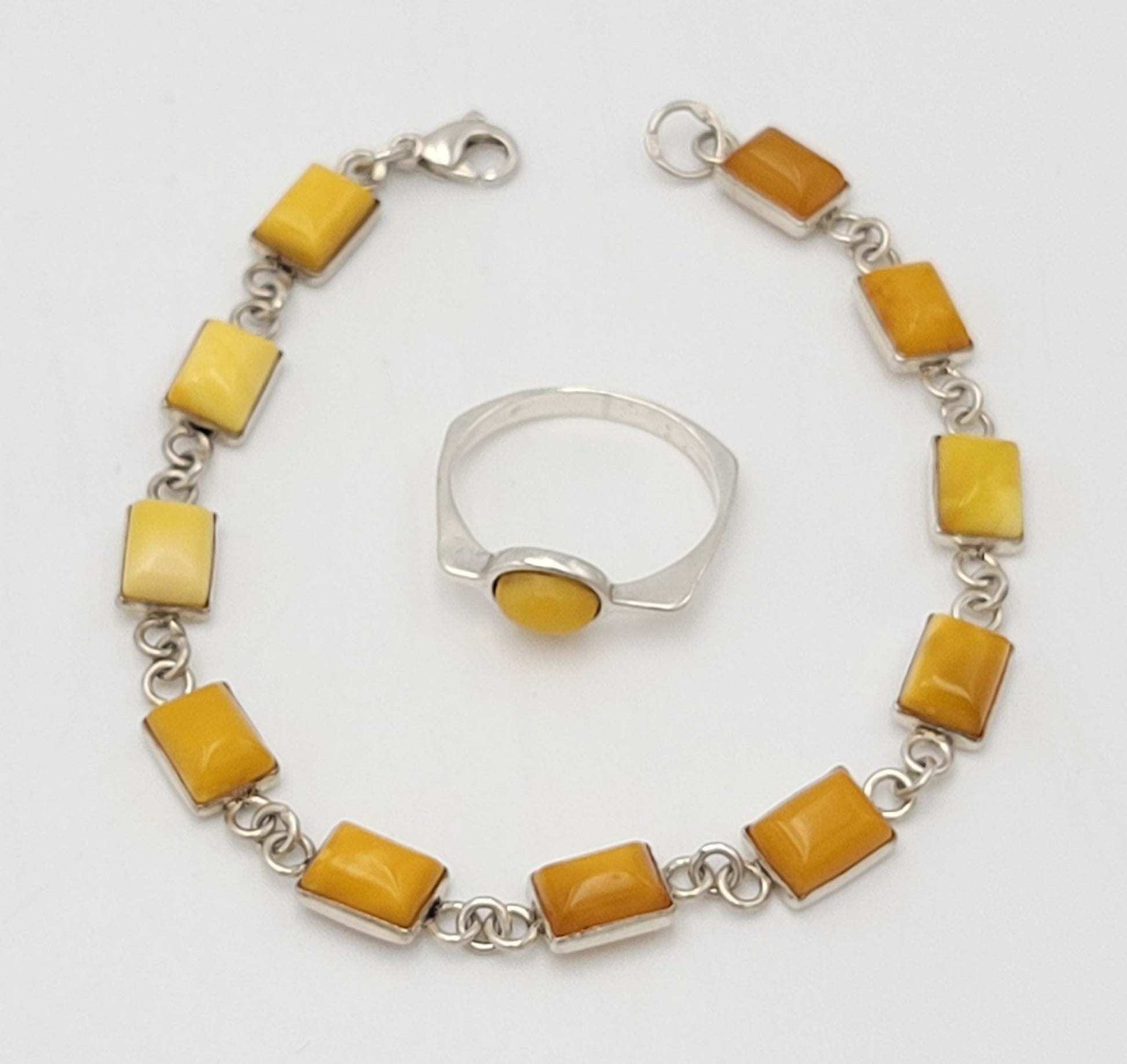 TMHM Jewelry Vintage Sterling Silver Butterscotch Amber Ring Bracelet Set
