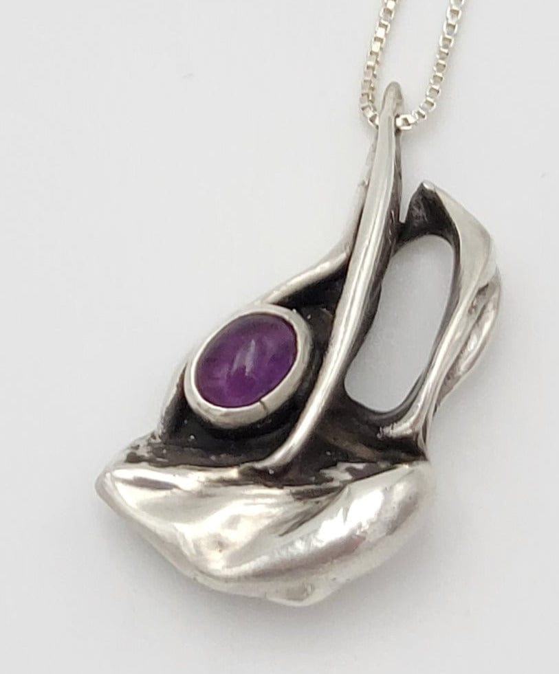Trendy MCM Home Jewelry Vintage Designer Artisan Sterling & Amethyst Abstract Modernist Pendant Necklace