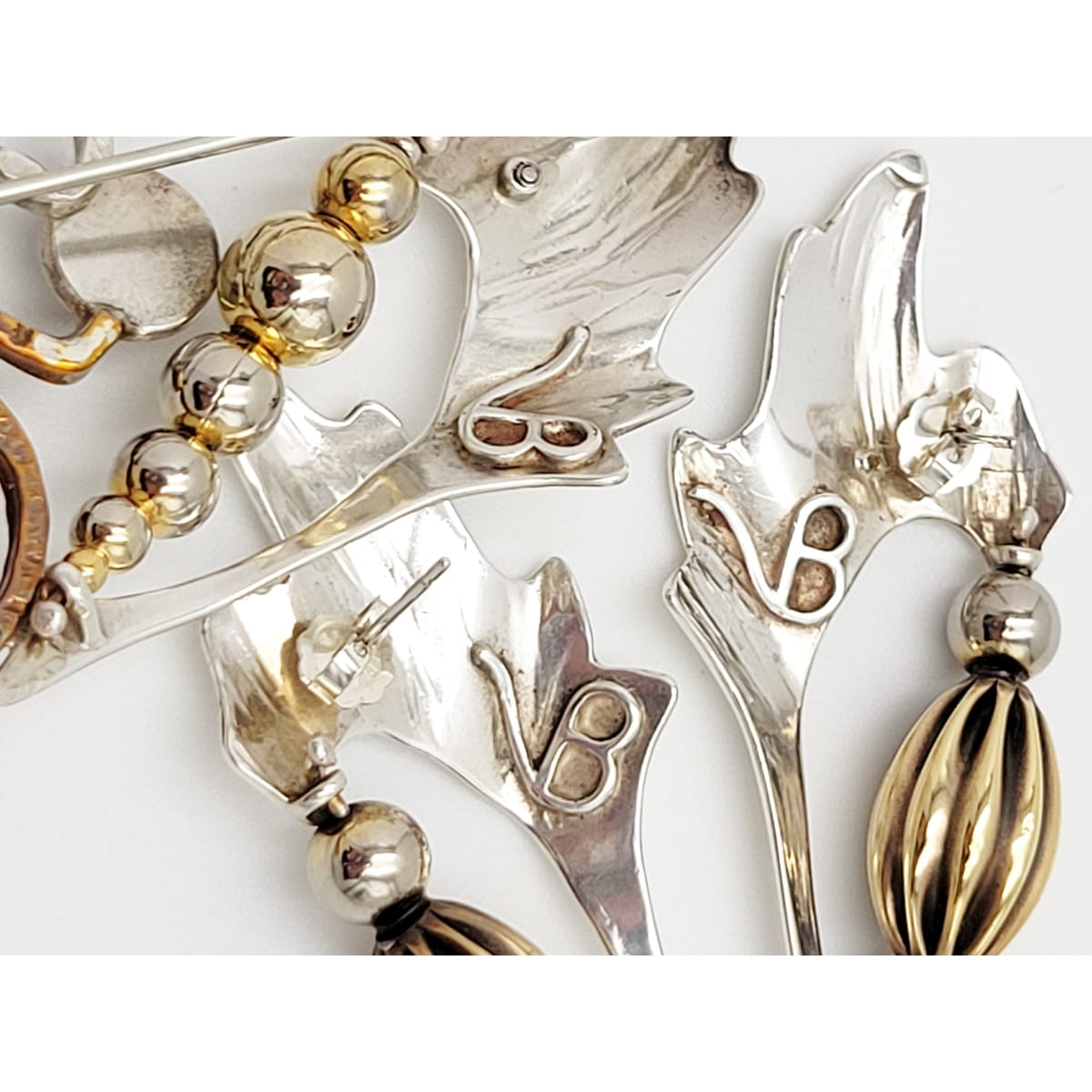VB Sterling Jewelry Artisan VB Abstract Sterling Mixed Metal &amp; Glass XL Brooch Earrings Set 80/90s