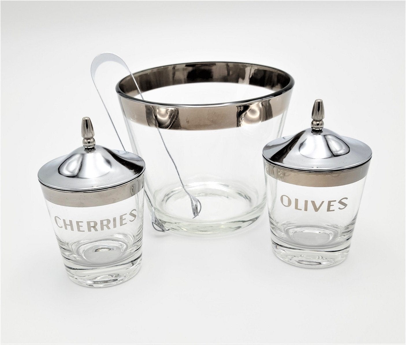 Vintage Barware Barware Vintage Glass Silver Rim Ice Bucket w/ Matching Lidded Olives Cherries Condiment Jars