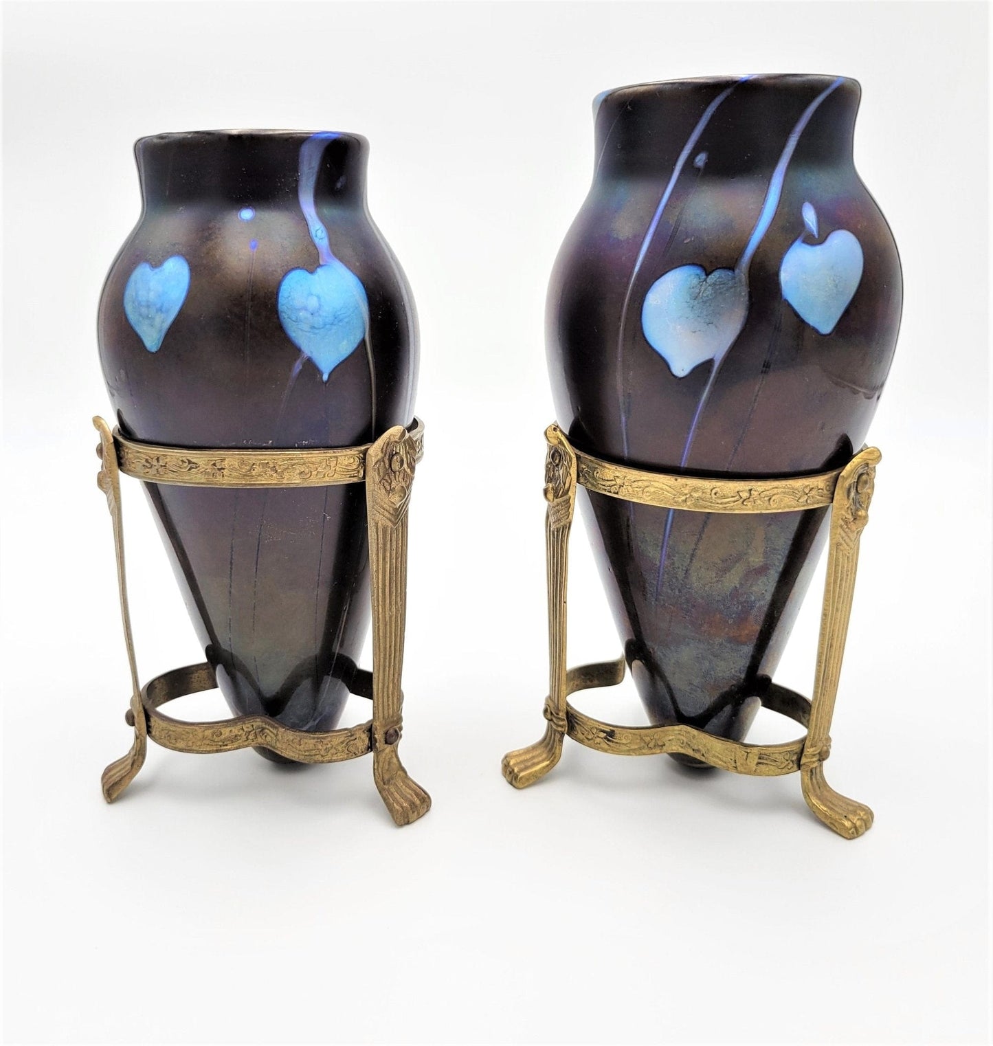 Vintage Iridescent Glass Vase SET/2 Kralik Art Nouveau Banded Iridescent Blown Glass Vases w/Stands 1900-1910s