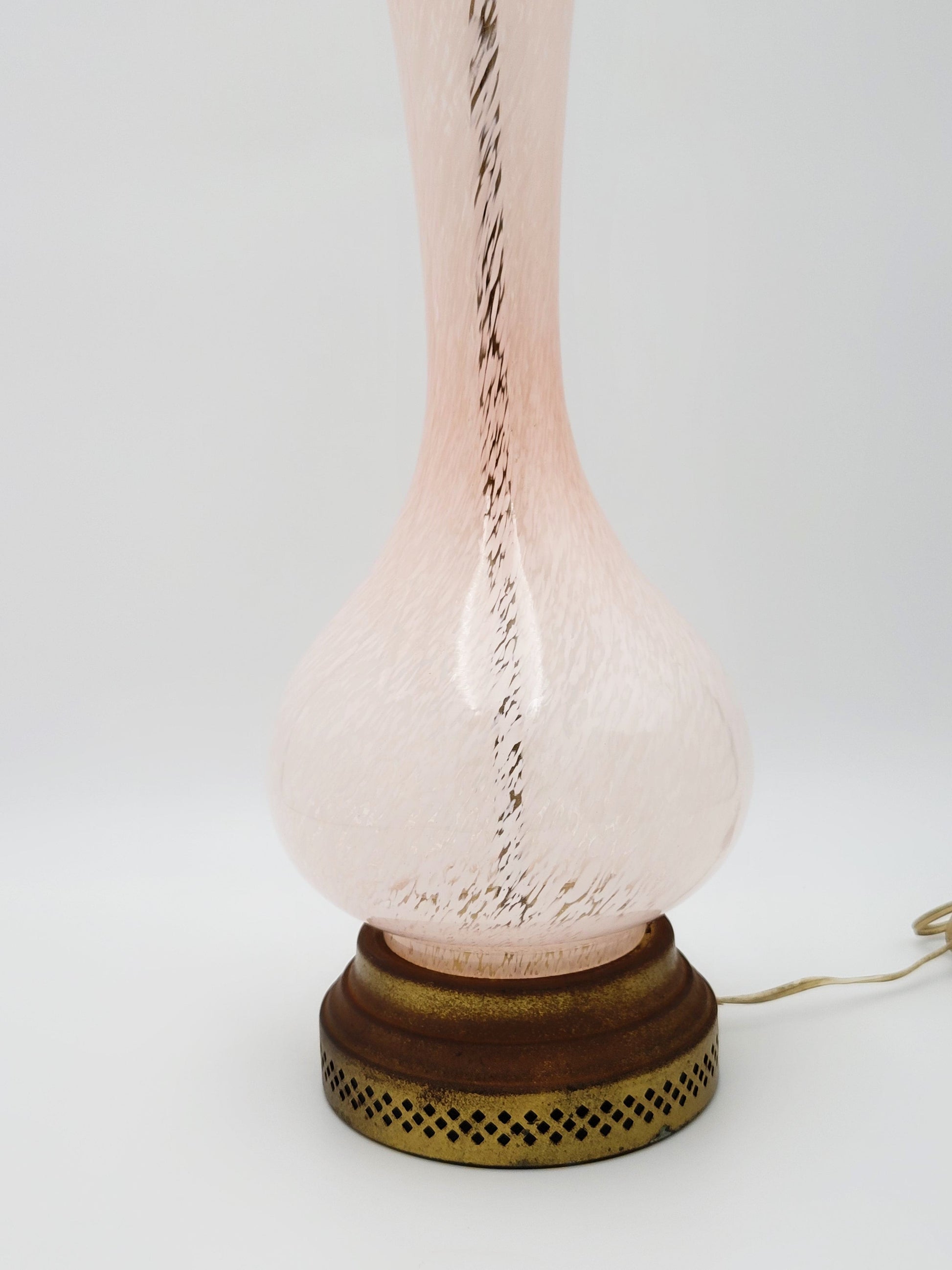 Vintage Murano Italy Lamp Lighting MCM Italian Brass and Murano Blown Glass Pink White Snow Flurry Table Lamp