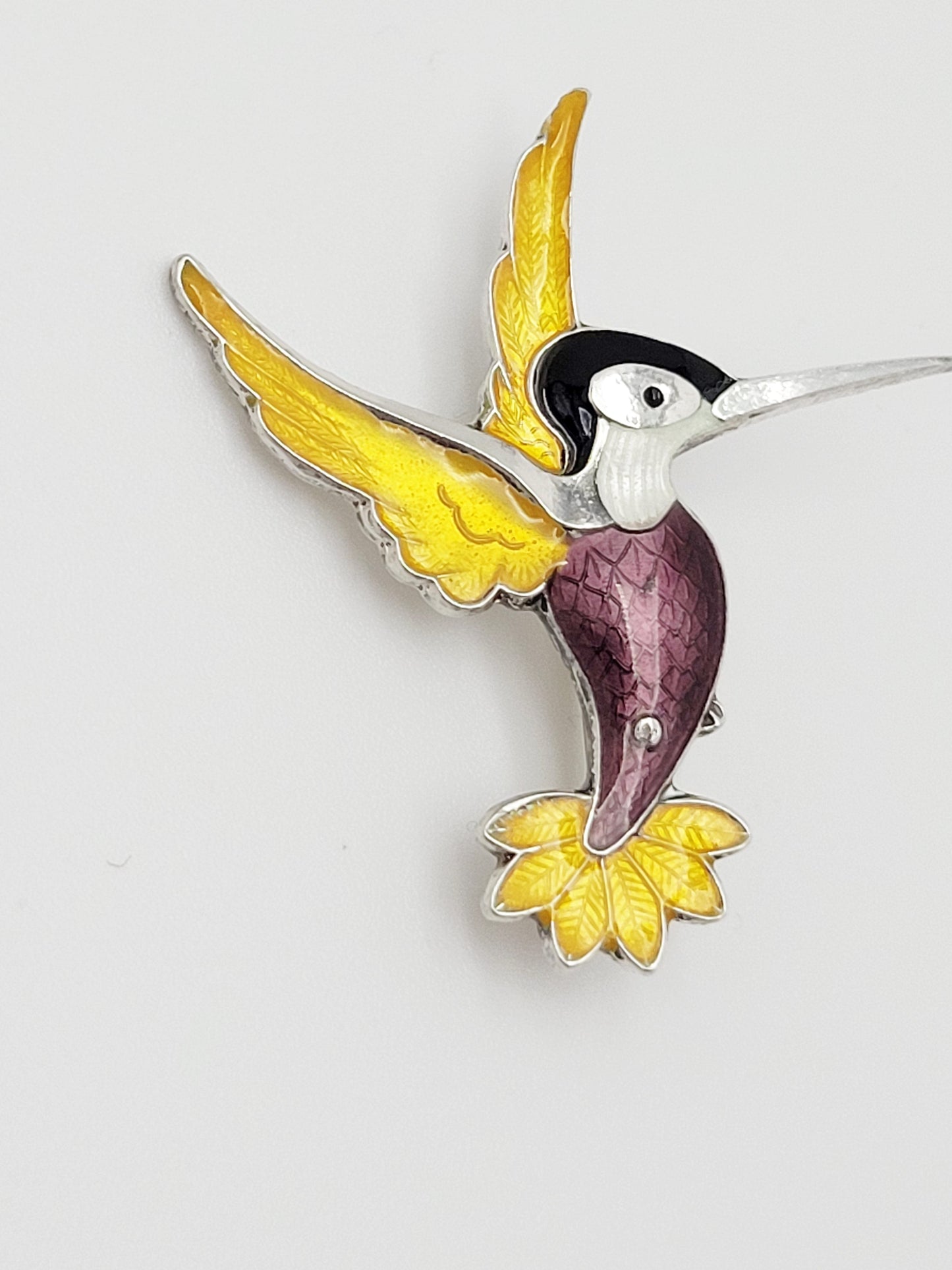 Volmer Bahner Jewelry Dane Volmer Bahner Sterling Enamel Purple Yellow Hummingbird Brooch 1950s