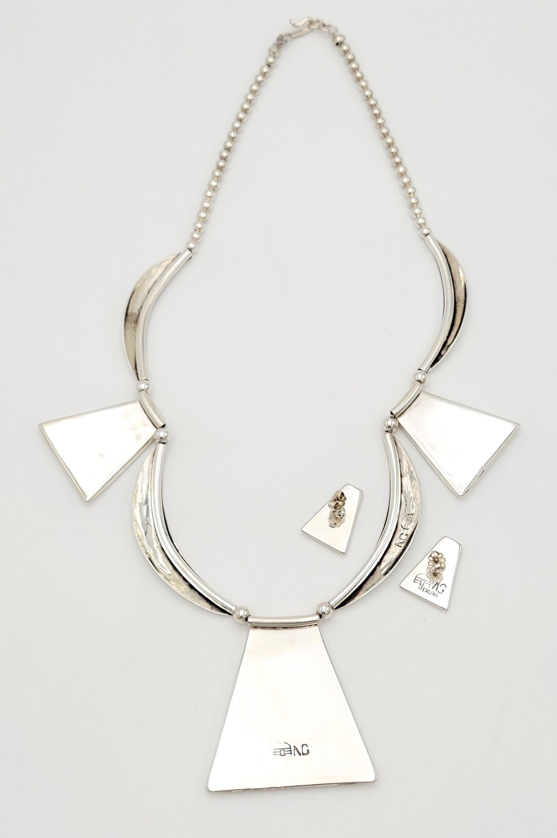 White Hogan Jewelry Superb RARE White Hogan Sterling Wood Modernist Necklace Earrings Set 70s