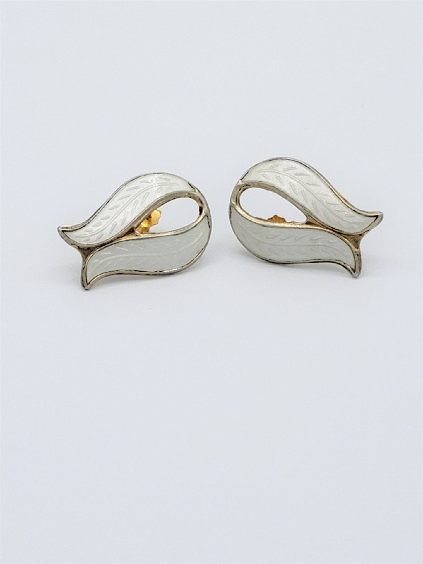 WK Jewelry Vintage WK Norway 925SS White Guilloche Enamel Art Deco Pierced Earrings