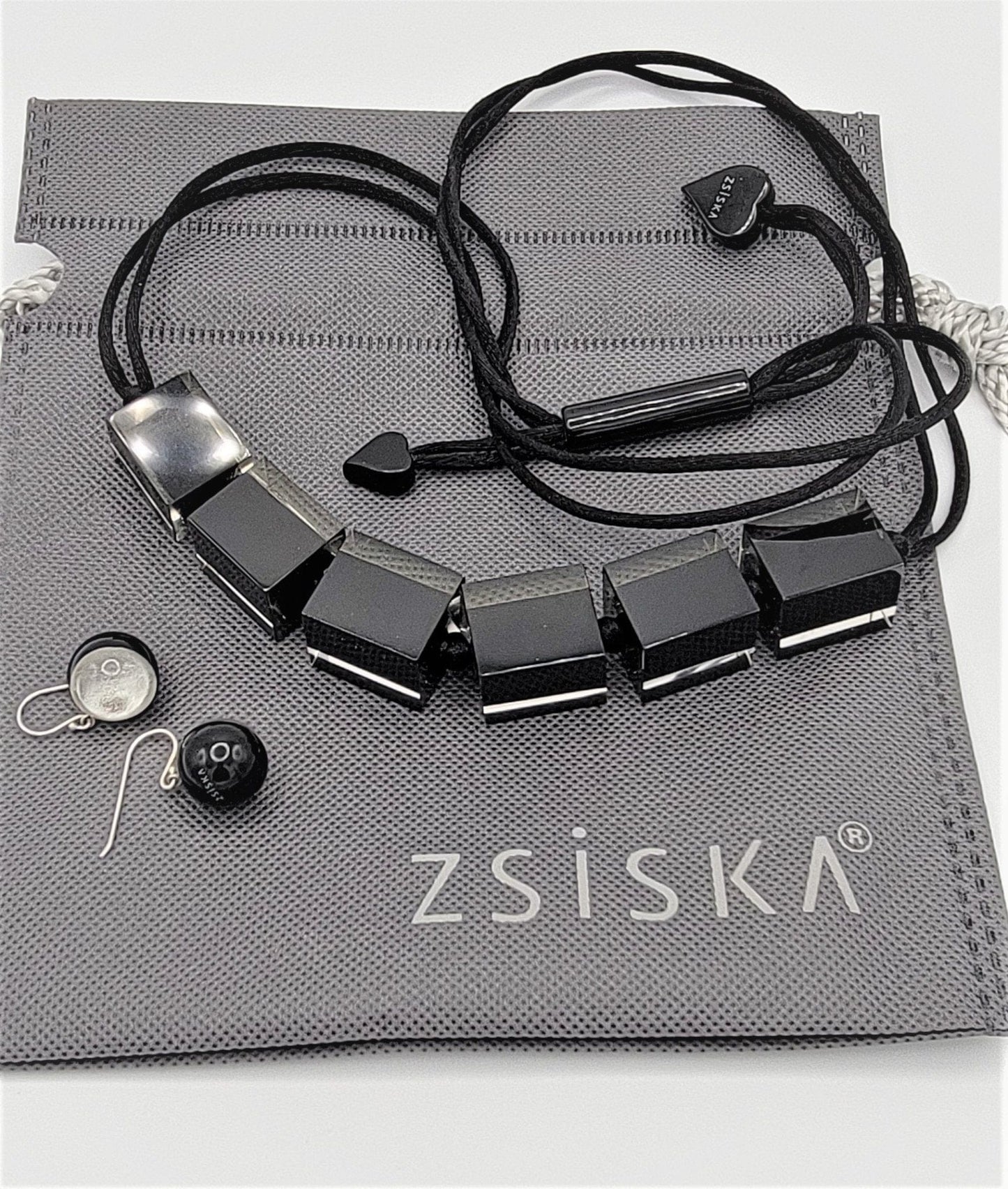 Zsiska Jewelry VTG Zsiska Amsterdam Square Blocks Lucite Runway Necklace Earrings Set w/Bag